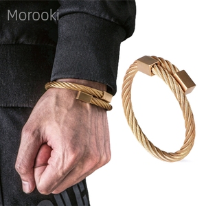 Morooki原创潮牌金色钛钢编织健身钢丝几何简约方块手镯男士饰品
