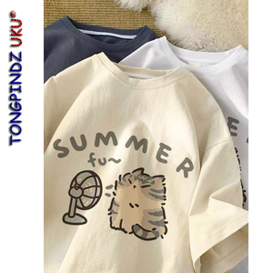女童短袖T恤2024新款中大童夏季纯棉设计感小众美式宽松百搭上衣