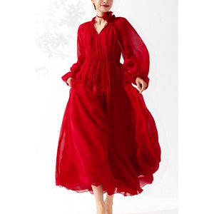 美妃红色洋气减龄长袖法式气质长款连衣裙女夏2023新款长裙红裙