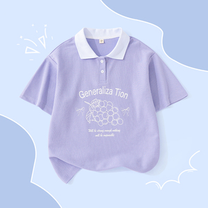 女童短袖t恤2024新款儿童夏装衣服韩版夏季紫色中大童半袖体恤衫