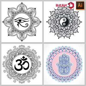 印度佛教瑜伽太极咒语符号图腾挂毯曼陀罗花纹图案矢量设计素材