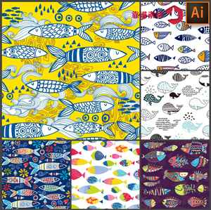 卡通鱼群花纹民俗传统无缝印花图案装饰画墙纸矢量设计素材