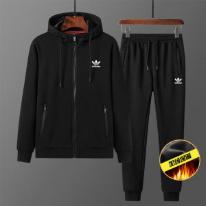 adidas阿迪达斯秋冬款加绒男士休闲三叶草运动套装男青年连帽卫衣