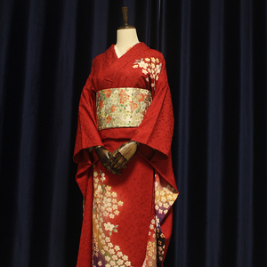 中古正统礼装振袖和服红色暗纹樱花柄 孤品
