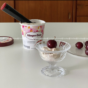 lisashop法式复古冰淇淋杯刻花竖纹喇叭口甜品高脚玻璃碗冰激淋杯