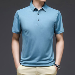 短袖t恤男桑蚕丝带领凉快上衣服中年男人冰丝光棉透气潮流polo衫