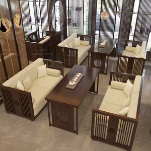 新中式茶楼卡座桌实木沙发组合禅意餐厅酒店包厢接待洽谈家具高端