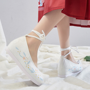 古装鞋女内增高古风汉服鞋绿色弓鞋翘头履黑中跟绣花布鞋粉紫春秋