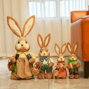 北欧田园草编兔子客厅落地摆件花园阳台创意装饰可爱动物家居饰品
