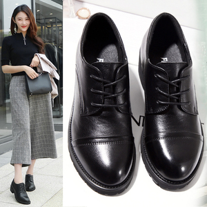 英伦真皮圆头单鞋中跟粗跟系鞋带西装小皮鞋头层牛皮时尚工作鞋女