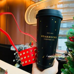 星巴克2020元旦礼物红色铆钉手提杯套黑金不锈钢随行保温喝水杯子