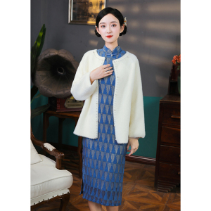 长袖白色珍珠貂毛旗袍开衫外搭少女民国风文艺复古温婉保暖外套新