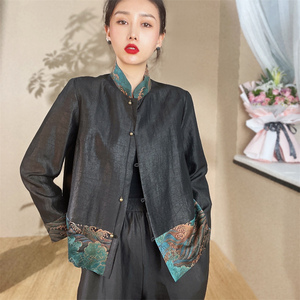 重磅真丝龟裂纹香云纱上衣女中式国风拼接撞色刺绣小褂外套薄2344