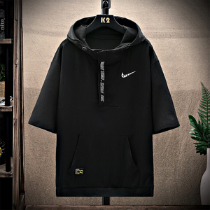 2022夏季五分袖t恤耐克顿短袖连帽卫衣青少年冰丝薄款半袖帽衫潮