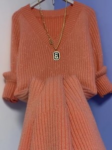 桔红色欧货重磅秋冬季新款女装2024高级感羊绒针织宽松中长款毛衣