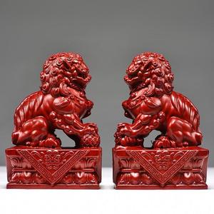 红色实木雕刻狮子摆件一对北京狮家居门口装饰品木质工艺品送礼品
