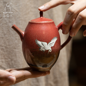 品瓷汇朱砂红釉泡茶壶小容量陶瓷窑变单壶瑞鹤呈祥家用功夫茶杯具