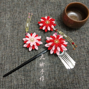和风细工 红粉剑菊 日本和服发簪/发饰/配饰/头饰/花簪/ 流苏步摇