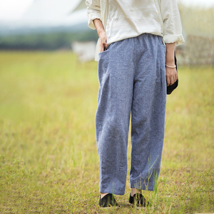 旅途原品 色织亚麻休闲萝卜裤原创百搭秋季新款显瘦直筒裤女-听风