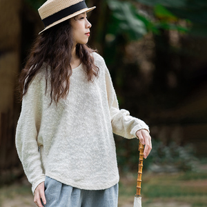 旅途原品 棉麻大肚纱针织衫女2021春秋宽松套头外穿针织上衣-与然