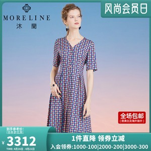沐兰2020夏新款v领印花连衣裙女短袖中长裙气质moreline旗舰店2412