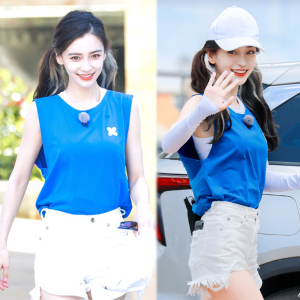 modg奔跑吧baby杨颖同款蓝色t恤女无袖上衣外穿背心体恤衫短裤夏