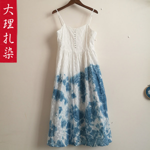 扎染吊带连衣裙春夏新款a字裙云南大理白族手工板蓝根植物染裙子
