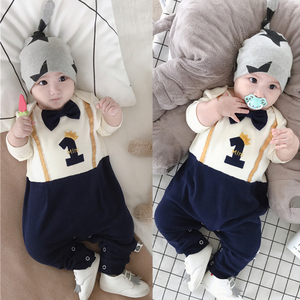 网红婴儿连体衣春秋装男宝宝爬服长袖外出服领结绅士女小童装01岁