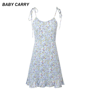 babycarry法式蓝色吊带连衣裙2024碎花裙显瘦甜美气质设计感裙子