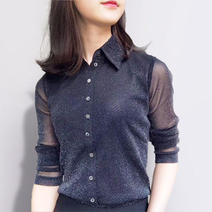正品哥弟新款女装官网2020秋新款正品网纱打底金银丝长袖衬衫衬衣