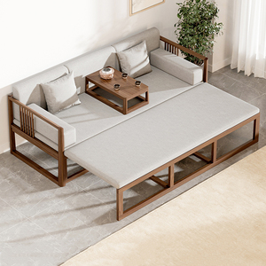 新中式实木罗汉床推拉式可抽拉沙发床禅意客厅家具茶室茶桌椅组合