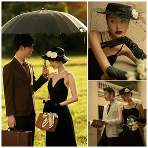 新款赫本风婚纱摄影道具大黑伞法式复古英伦帽子外景街拍珍珠手包