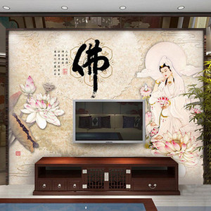 3d无缝电视客厅背景墙壁纸大型壁画佛堂佛像观音菩萨荷花佛字佛语