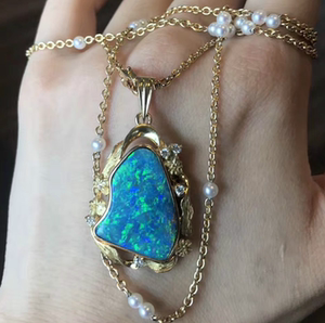 umijewelry日本制高级珠宝k18金钻石铁欧泊砾石opal宝石项链吊坠