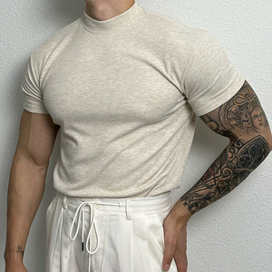 【现货】韩国男装纯色半高领螺纹弹力打底针织短袖T恤衫男-TS2309