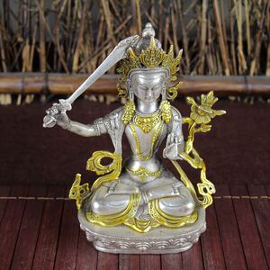 古玩杂项收藏仿古铜器白铜鎏银书房居家摆件精品工艺用品拿剑观音