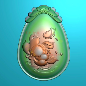 雕刻龙虾玉雕图荷花花鸟蝴蝶椭圆牌头挂坠立体挂件花件精雕图jdp