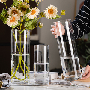 现代简约玻璃花瓶透明直筒水培水培富贵竹马醉木落地插花装饰摆饰