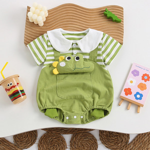 韩版婴儿衣服夏薄款条纹假两件短袖爬服卡通青蛙男女宝宝包屁哈衣