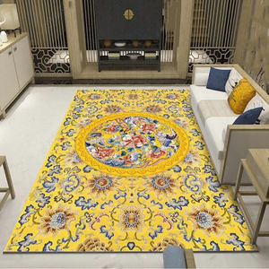 茶几地毯轻奢地垫新中式床边毯黄色金色复古金钻绒客厅用花开富贵