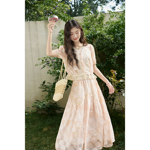 谜秀高级感法式绣花衬衫+半身裙两件套2024夏季气质蕾丝套装裙