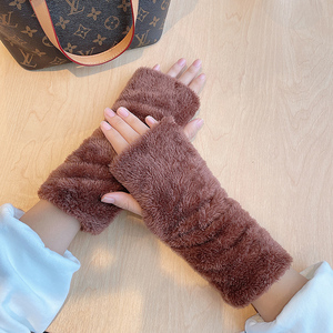 手套女冬天可爱半指半截露指加绒保暖冬季男韩版学生写字毛线手套