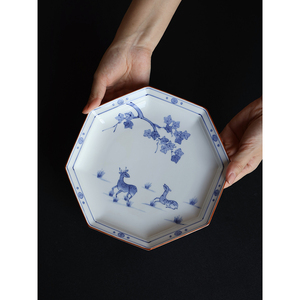 日本制进口有田烧手绘青花小鹿图八角葵口大盘子碗茶杯子日式餐具
