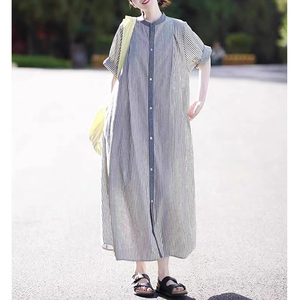 大码女装2024夏季新款文艺韩版棉麻立领条纹长款短袖衬衫连衣裙