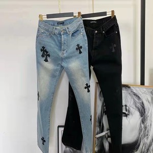 2022夏季新款克罗心牛仔裤女设计感小众十字架拼皮水洗直筒长裤子