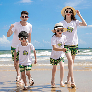 沙滩亲子装夏一家三四口巴厘岛三亚海边母子母女套装短裤T恤休闲