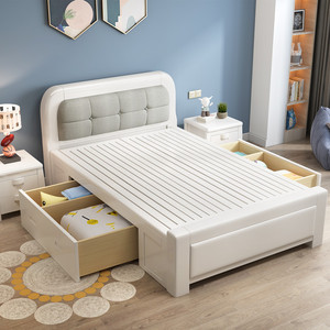 全实木单人床一米1.2/1.35m白色儿童简约家用1.5m1.8米储物双人床