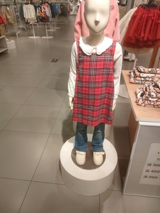HM女童新年款喜庆红色格子娃娃领连衣裙背带裙T恤秋衣打底衫套装