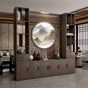 新中式屏风玄关柜现代轻奢高档横厅客厅隔断柜靠墙格栅实木电视柜