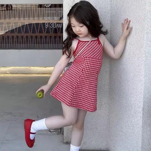 女童红色格子吊带连衣裙夏季2024新款小儿童宝宝洋气公主风短裙子